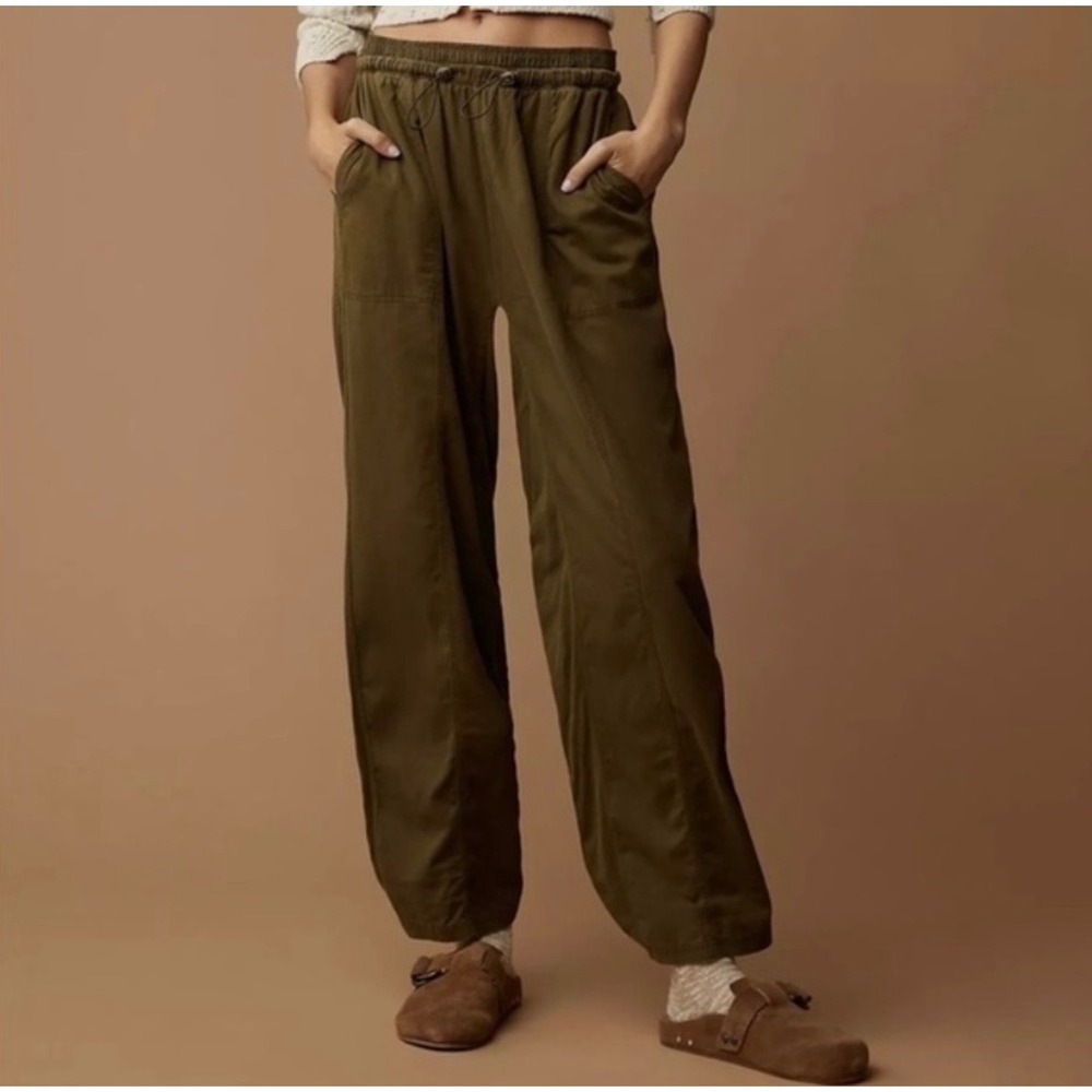 Anthropologie Olive Green Wide-Leg Drawstring Track Pants